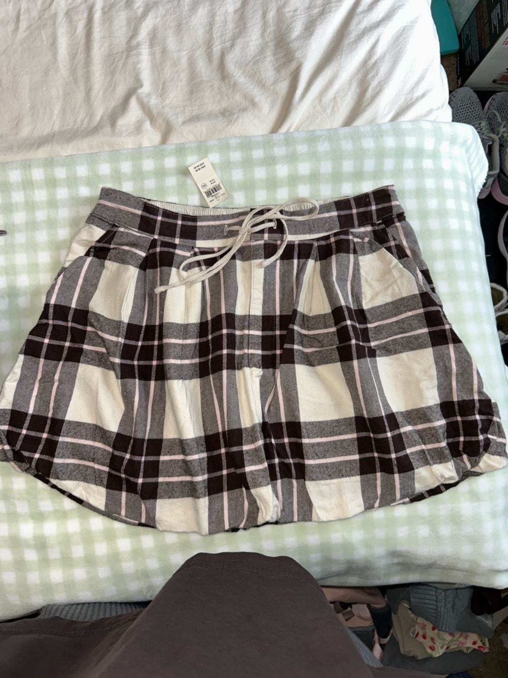 Aerie Plaid Drawstring Bubble Mini Skirt in Cream, Pink & Brown - M NWT